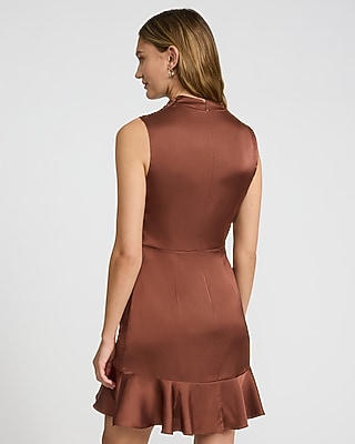 Mock Neck Gathered Shoulder Ruffle Hem Satin Mini Dress - image 3