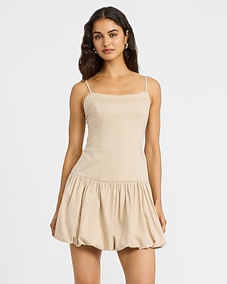Stretch Cotton Poplin Drop Waist Bubble Hem Mini Dress with Pockets