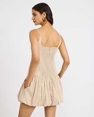 Stretch Cotton Poplin Drop Waist Bubble Hem Mini Dress with Pockets