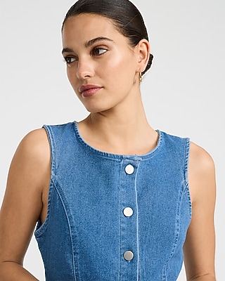 Stretch Denim Crew Neck Button Front Mini Dress