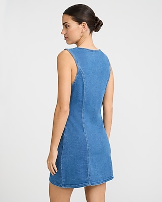 Stretch Denim Crew Neck Button Front Mini Dress