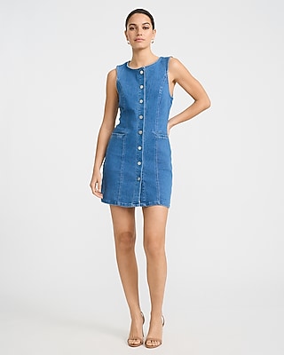 Stretch Denim Crew Neck Button Front Mini Dress