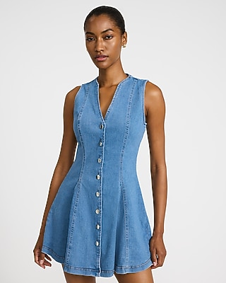 Stretch Denim V-Neck Sleeveless Button Front Mini Dress - image 4