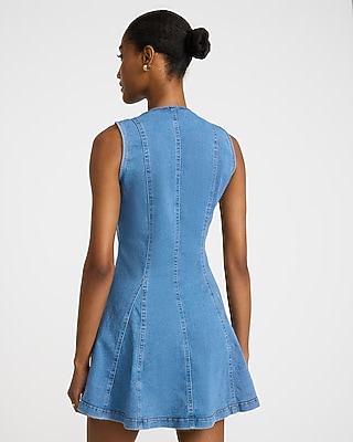 Stretch Denim V-Neck Sleeveless Button Front Mini Dress - image 5