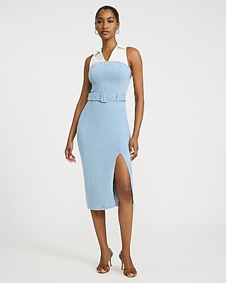 Stretch Denim Mixed Media Belted Midi Sheath Dress