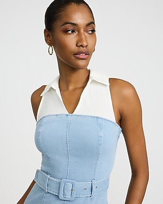 Stretch Denim Mixed Media Belted Midi Sheath Dress