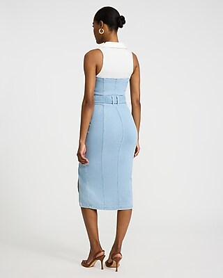 Stretch Denim Mixed Media Belted Midi Sheath Dress