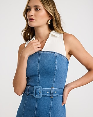 Stretch Denim Mixed Media Belted Midi Sheath Dress