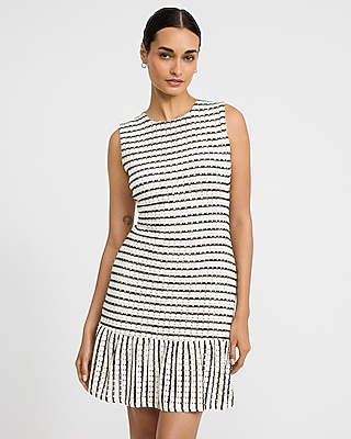 Crochet Striped Crew Neck Ruffle Hem Mini Sheath Dress - image 1
