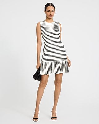 Crochet Striped Crew Neck Ruffle Hem Mini Sheath Dress - image 4
