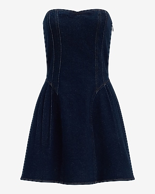 Stretch Denim Strapless Drop Waist Pintuck Mini Dress with Pockets