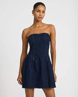 Stretch Denim Strapless Drop Waist Pintuck Mini Dress with Pockets