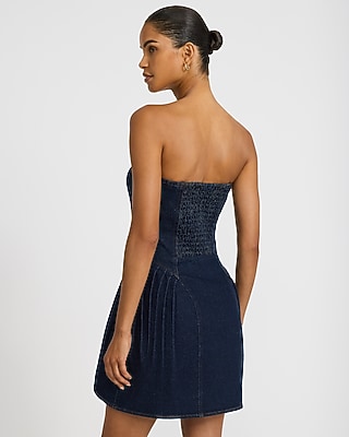 Stretch Denim Strapless Drop Waist Pintuck Mini Dress with Pockets