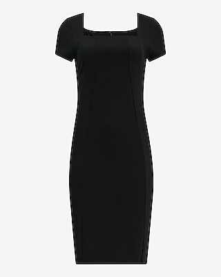 Crepe Square Neck Short Sleeve Seamed Midi Dress
