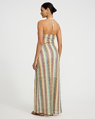 Crochet Halter V-neck Sleeveless Maxi Sheath Dress | Express
