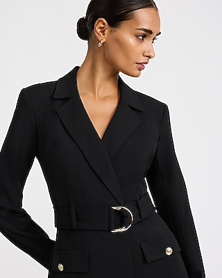 Crepe Collared V-Neck Belted Mini Blazer Dress with Pockets