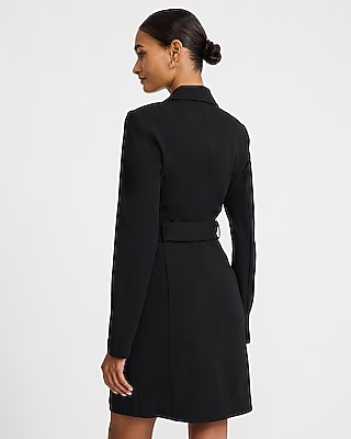 Crepe Collared V-Neck Belted Mini Blazer Dress with Pockets