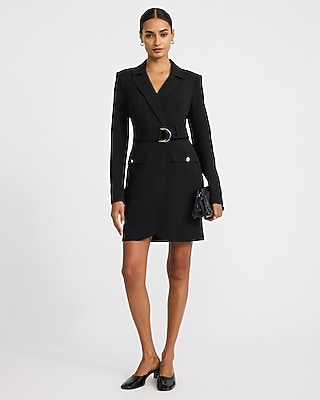 Crepe Collared V-Neck Belted Mini Blazer Dress with Pockets