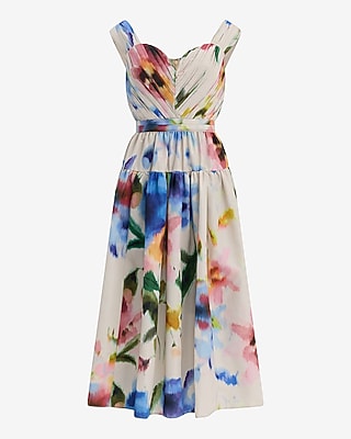 Floral Sweetheart V-Bar Pleated Midi Dress with Pockets
