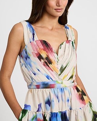 Floral Sweetheart V-Bar Pleated Midi Dress with Pockets