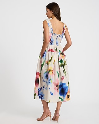 Floral Sweetheart V-Bar Pleated Midi Dress with Pockets