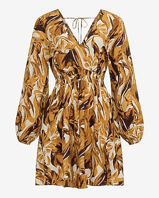 Printed Long Puff Sleeve Smocked Mini Dress with Pockets - image 5