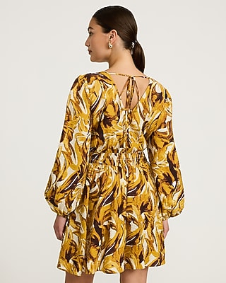 Printed Long Puff Sleeve Smocked Mini Dress with Pockets - image 3