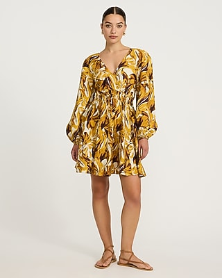 Printed Long Puff Sleeve Smocked Mini Dress with Pockets - image 4