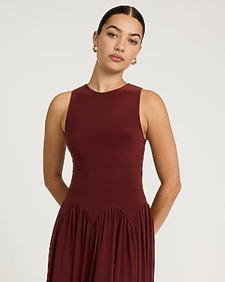 Knit Crew Neck Drop Waist Maxi Fit and Flare Dress