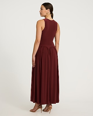 Express Women's Knit Crew Neck Drop Waist Maxi Fit And Flare Dress in Red Large