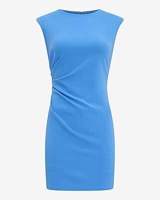 Crepe Crew Neck Cap Sleeve Ruched Mini Sheath Dress