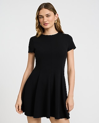 Crepe Crew Neck Seamed Mini Fit And Flare Dress With Pockets | Express