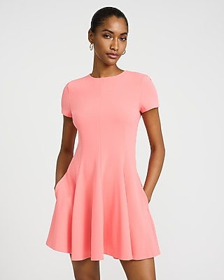 Crepe Crew Neck Seamed Mini Fit And Flare Dress With Pockets | Express