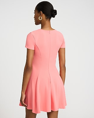 Crepe Crew Neck Seamed Mini Fit and Flare Dress with Pockets