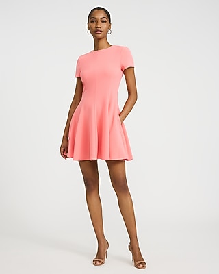 Crepe Crew Neck Seamed Mini Fit and Flare Dress with Pockets