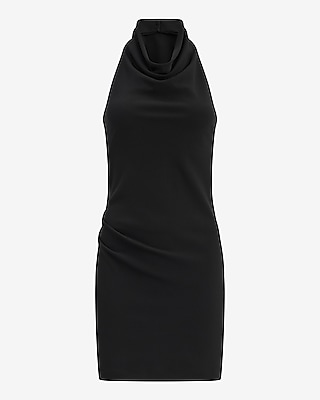 Crepe Halter Cowl Neck Open Back Mini Sheath Dress