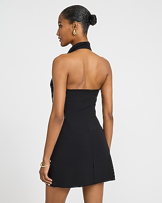 Crepe Halter Cowl Neck Open Back Mini Sheath Dress