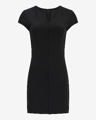 Crepe Notch Crew Neck Short Sleeve Seamed Mini Dress