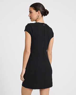 Crepe Notch Crew Neck Short Sleeve Seamed Mini Dress