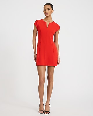 Crepe Notch Crew Neck Short Sleeve Seamed Mini Dress - thumbnail 7