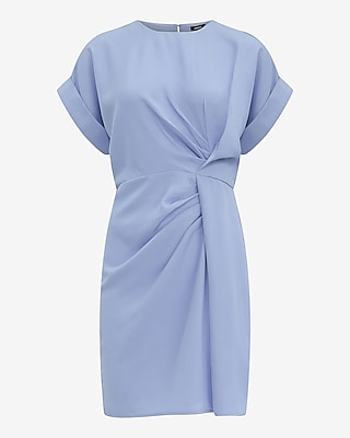 Satin Crew Neck Short Sleeve Twist Front Mini Fit and Flare Dress