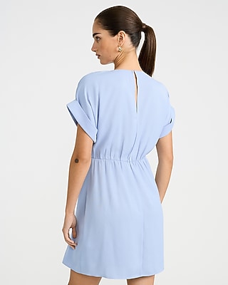 Satin Crew Neck Short Sleeve Twist Front Mini Fit and Flare Dress