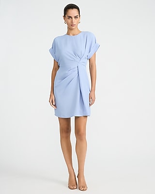 Satin Crew Neck Short Sleeve Twist Front Mini Fit and Flare Dress