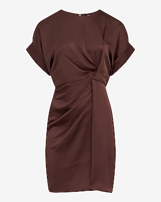 Satin Crew Neck Short Sleeve Twist Front Mini Dress - image 5