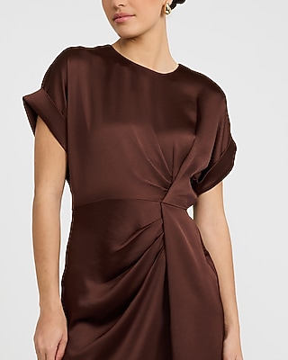 Satin Crew Neck Short Sleeve Twist Front Mini Dress - image 2