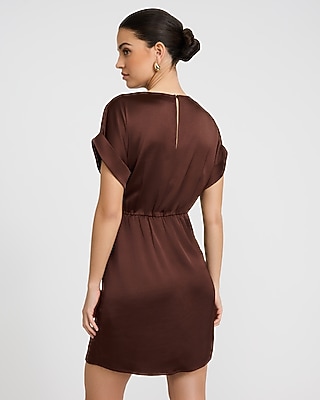 Satin Crew Neck Short Sleeve Twist Front Mini Dress - image 3