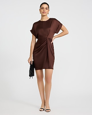Satin Crew Neck Short Sleeve Twist Front Mini Dress - image 4