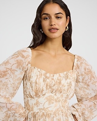 Printed Chiffon Sweetheart Ruched Smocked Back Mini Dress with Pockets