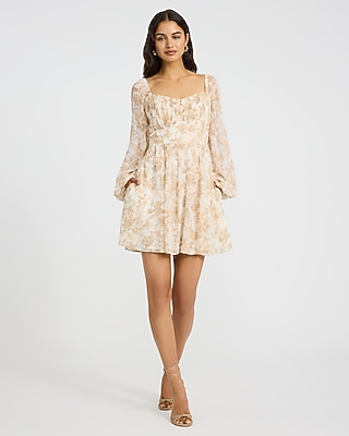 Printed Chiffon Sweetheart Ruched Smocked Back Mini Dress with Pockets