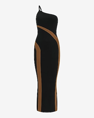 Color Block One Shoulder Knit Maxi Sheath Dress